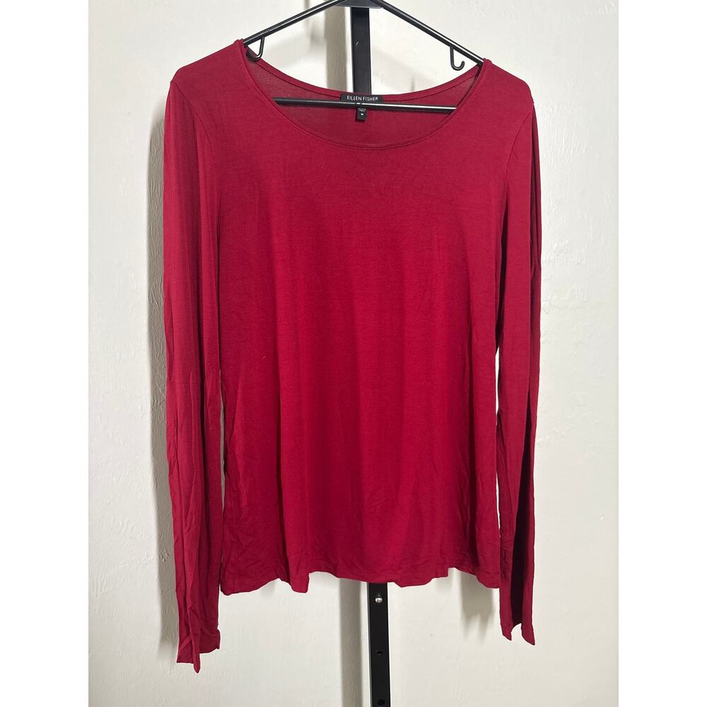 Eileen Fisher Long Sleeve Top Womens M Red Stretch Jersey Minimalist Casual Tee - Picture 2 of 7
